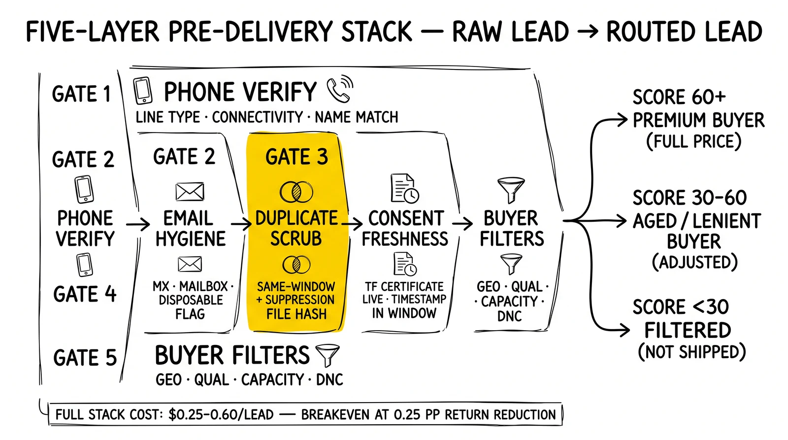 Five-gate pre-delivery stack: phone, email, duplicates, consent, buyer filters, splitting into premium, adjusted, and filtered routes by score.