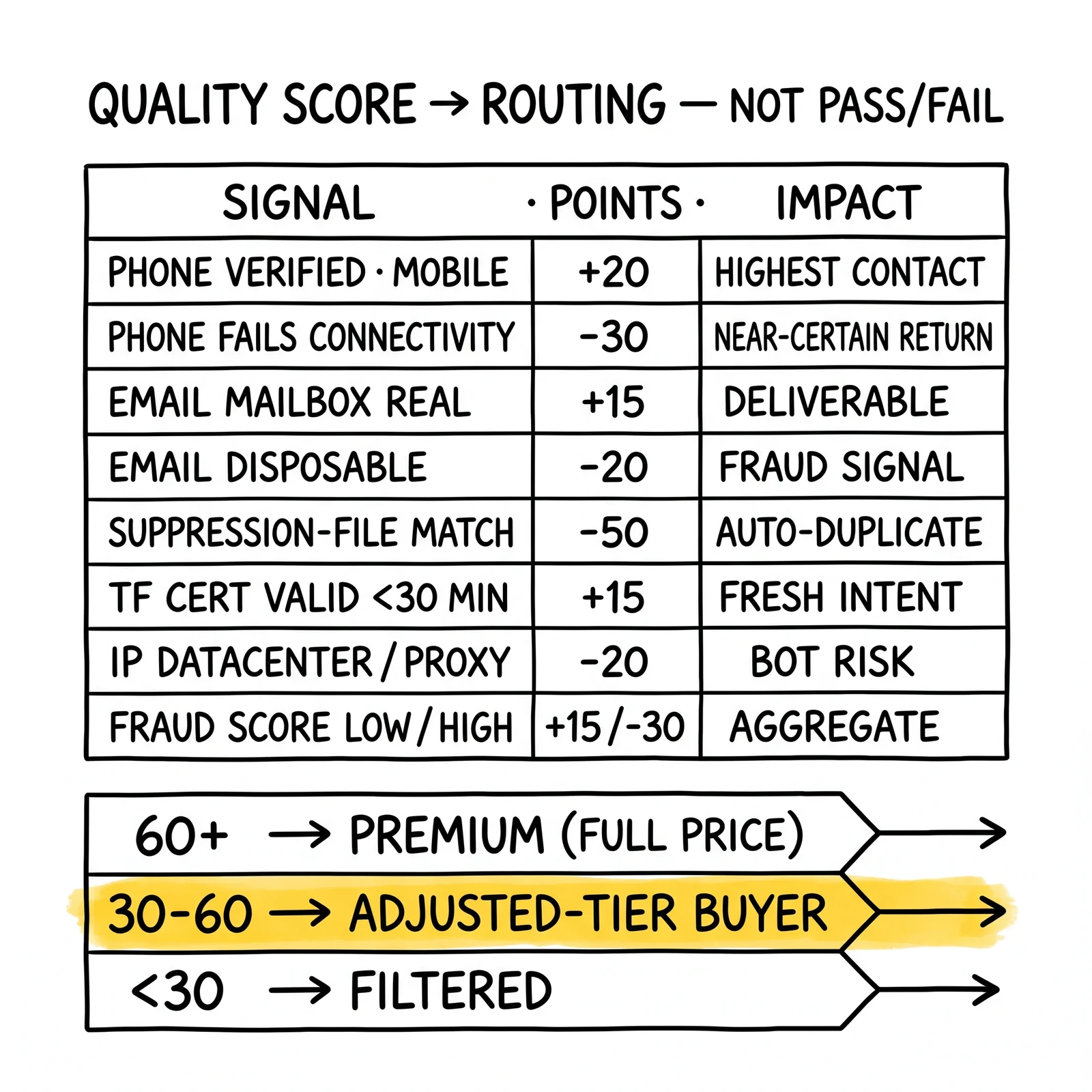 Quality-score table with signal points and a three-lane routing strip: premium, adjusted, filtered. Adjusted middle tier flagged as the revenue-recovery lane.
