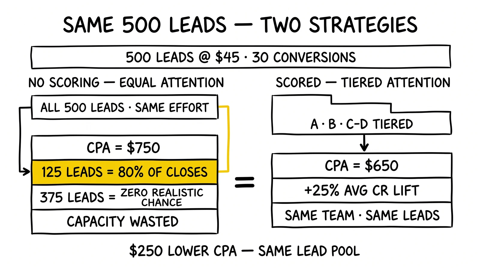 Two-panel: equal attention vs scored tiered attention on the same 500 leads. Scoring drops CPA from $750 to $650 through the 80/25 Pareto.