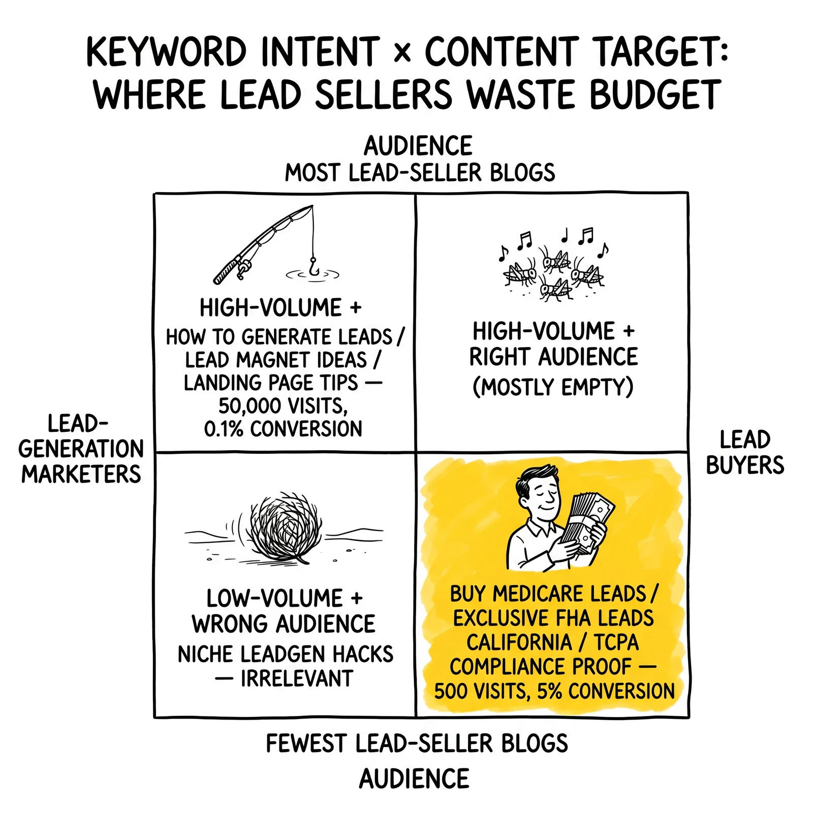 Two-by-two matrix of keyword intent versus audience. Bottom-right buyer-intent quadrant highlighted as the only conversion zone.