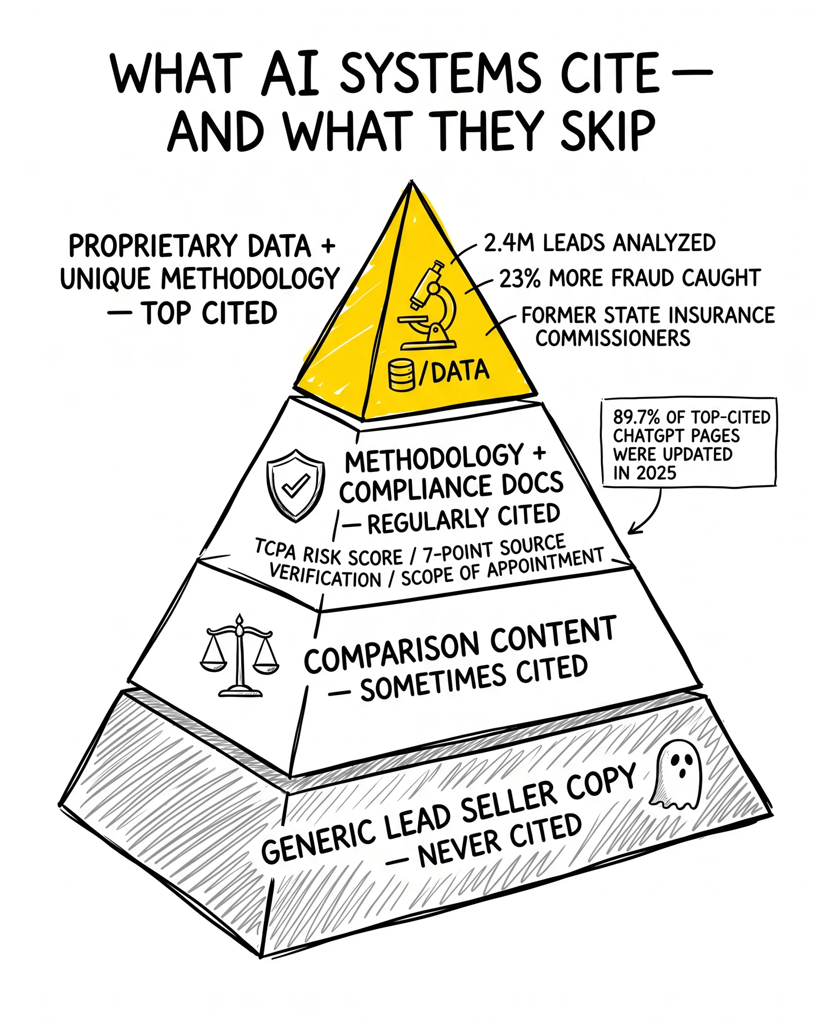 Four-tier citation pyramid: generic copy at base, comparison content mid, methodology higher, proprietary data and unique methodology at apex.