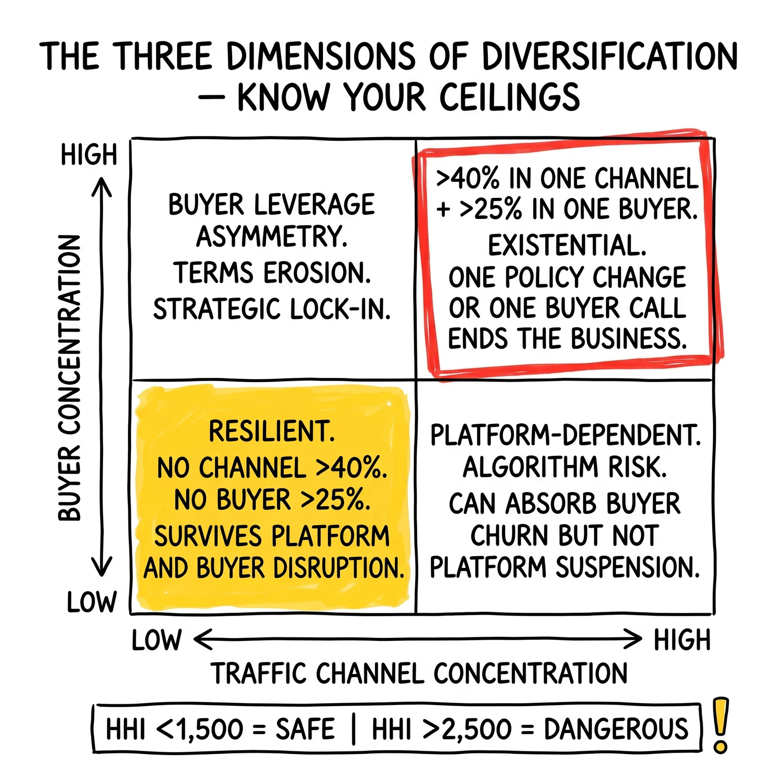 Two-by-two matrix mapping traffic channel and buyer concentration to four resilience states. Resilient quadrant flagged as the only configuration that survives statistical disruption.