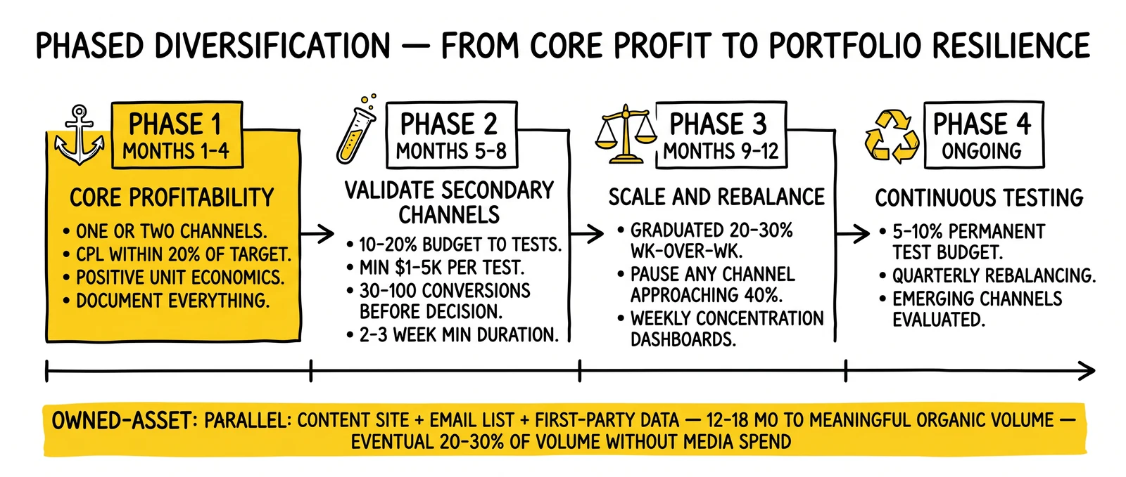 12-month phased diversification roadmap across four stages with parallel owned-asset track. Core profitability foundation and owned-asset parallel highlighted as the strategic anchors.