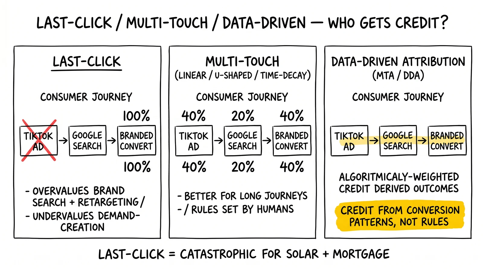 Three-model attribution comparison: last-click, multi-touch, data-driven. Data-driven flagged as the only fit for considered-purchase verticals.