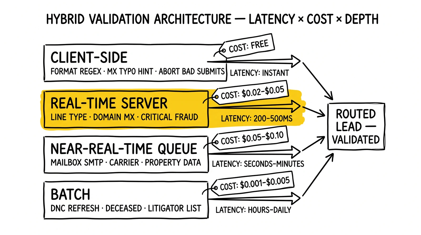 Four-lane hybrid validation: client-side, real-time server, near-real-time queue, batch. Real-time server lane flagged as the load-bearing tier.