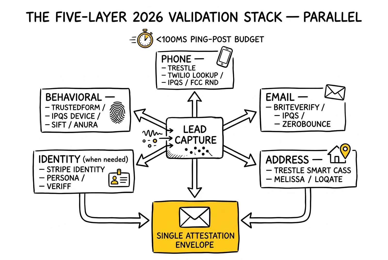 Five-layer validation stack hub-and-spoke: phone, email, address, identity, behavioral, all sealing into a single attestation envelope. Envelope highlighted.