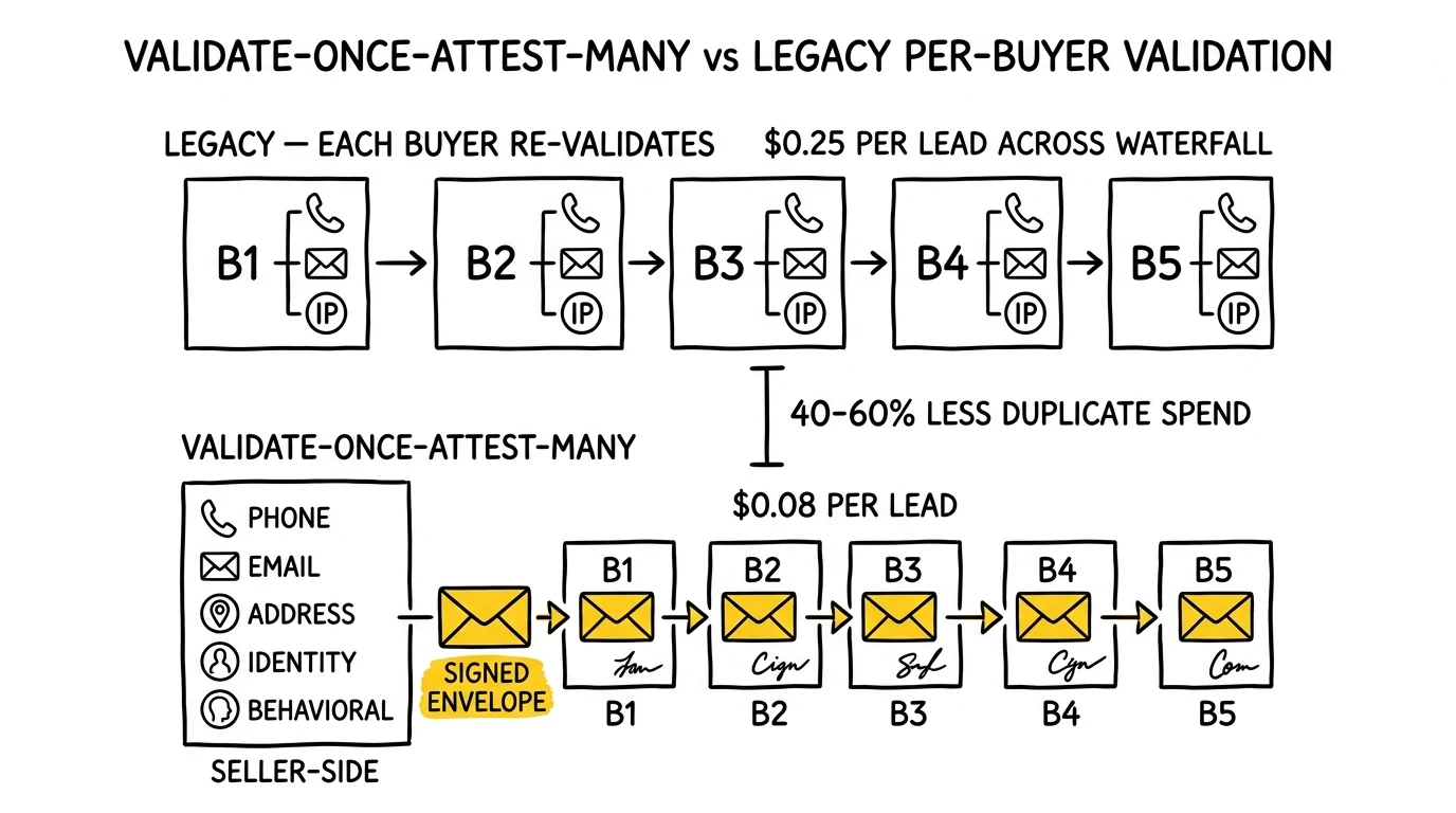 Legacy per-buyer validation at $0.25/lead vs validate-once-attest-many at $0.08/lead. Signed envelope highlighted as the mechanism that replaces redundant calls.
