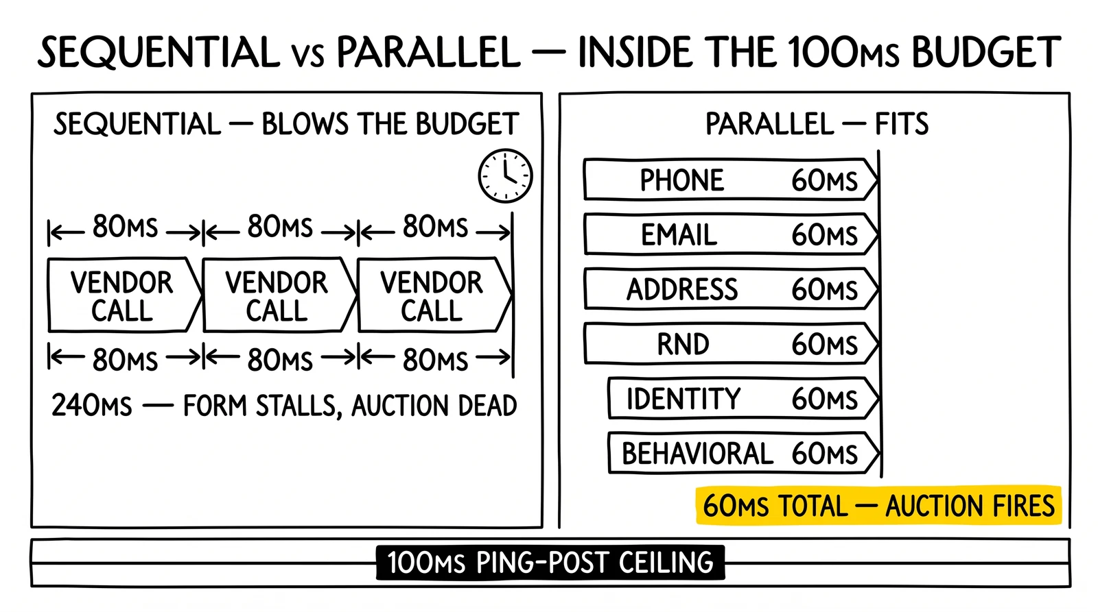 Sequential 240ms vs parallel 60ms validation comparison against the 100ms ping-post ceiling. Parallel total highlighted as the only viable architecture.
