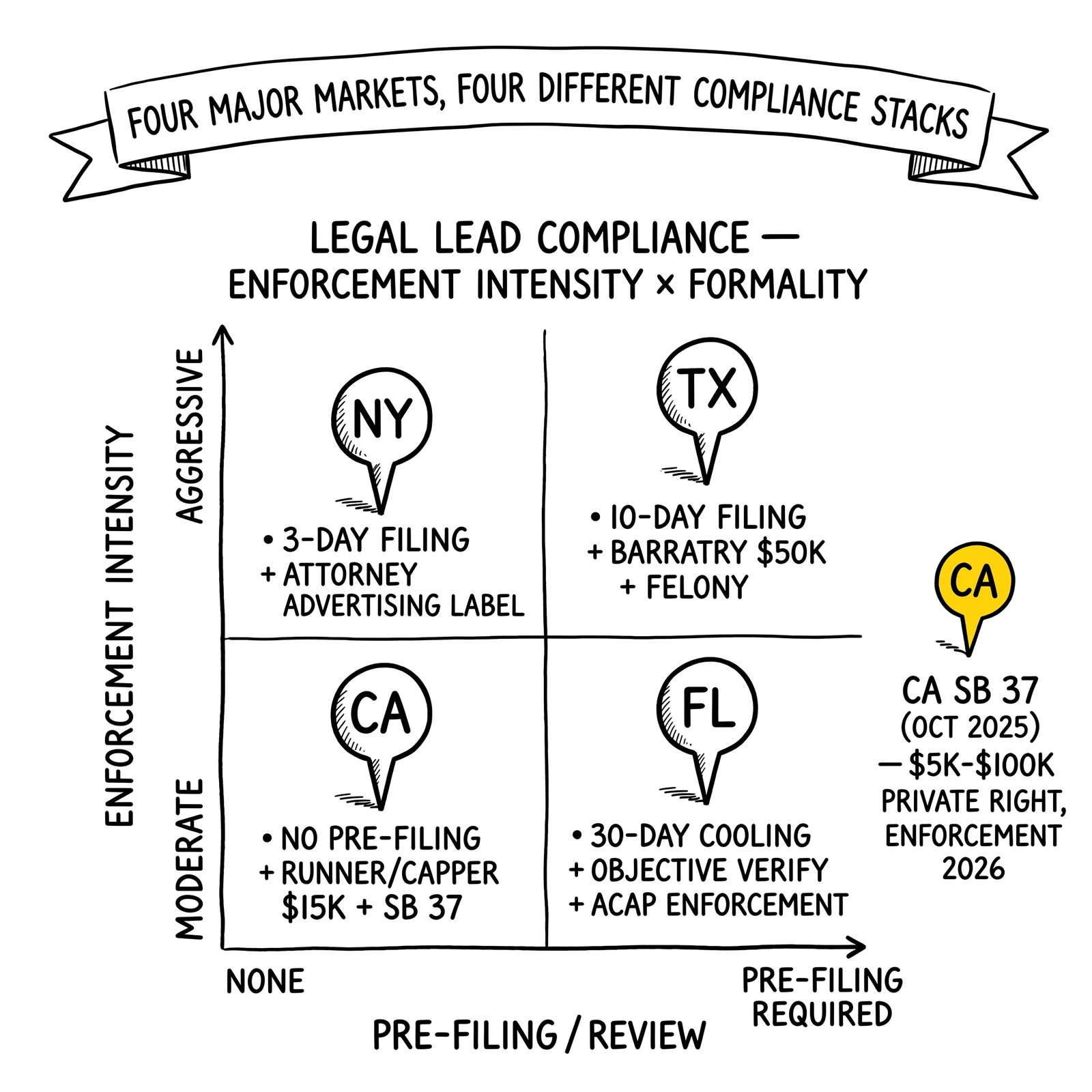 Two-by-two state legal-lead compliance matrix by pre-filing requirement and enforcement intensity. California SB 37 highlighted as the 2026 market-restructuring event.