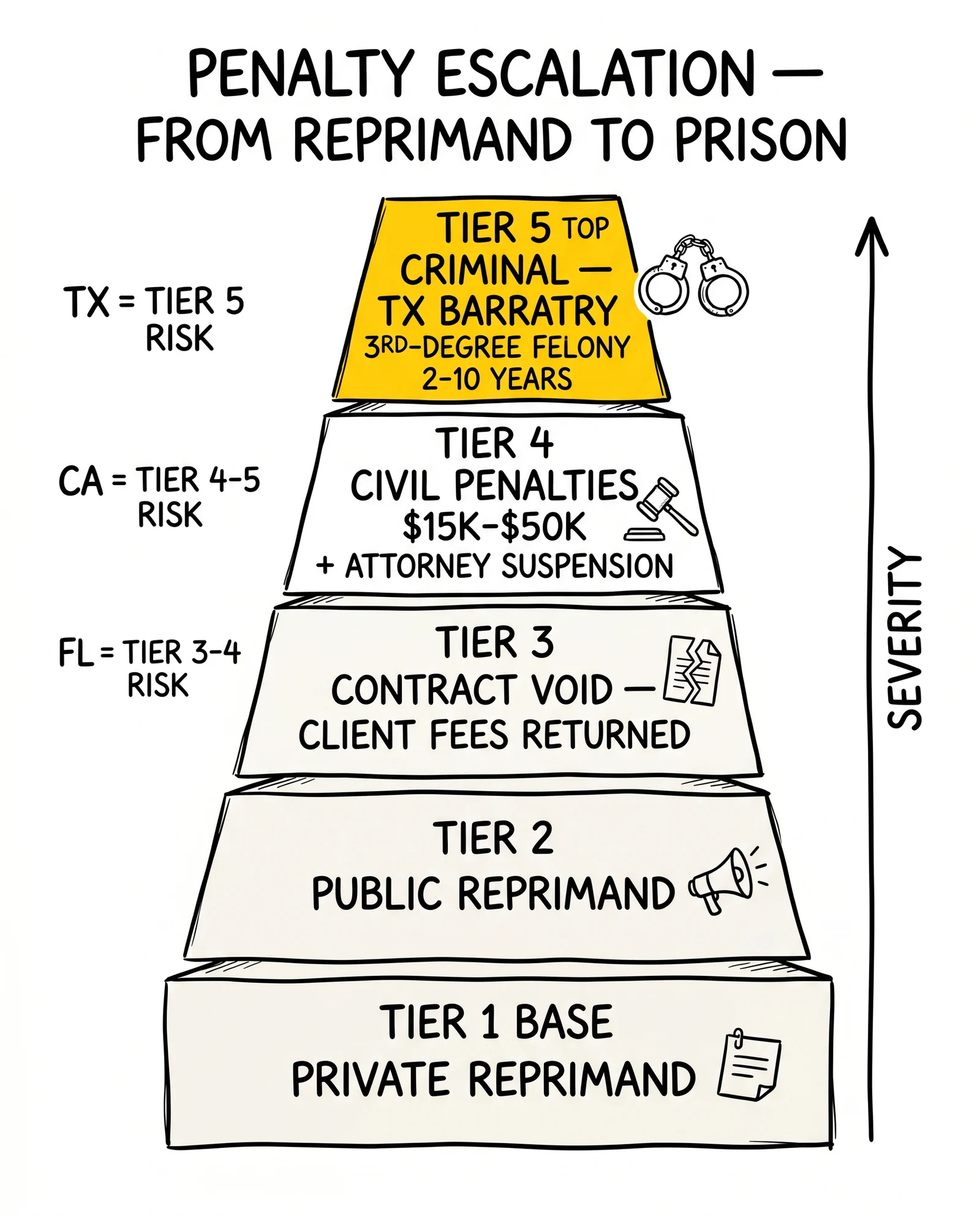 Five-tier legal lead generation penalty escalation pyramid from private reprimand to criminal prosecution. Texas barratry felony highlighted as the distinguishing vertical risk.