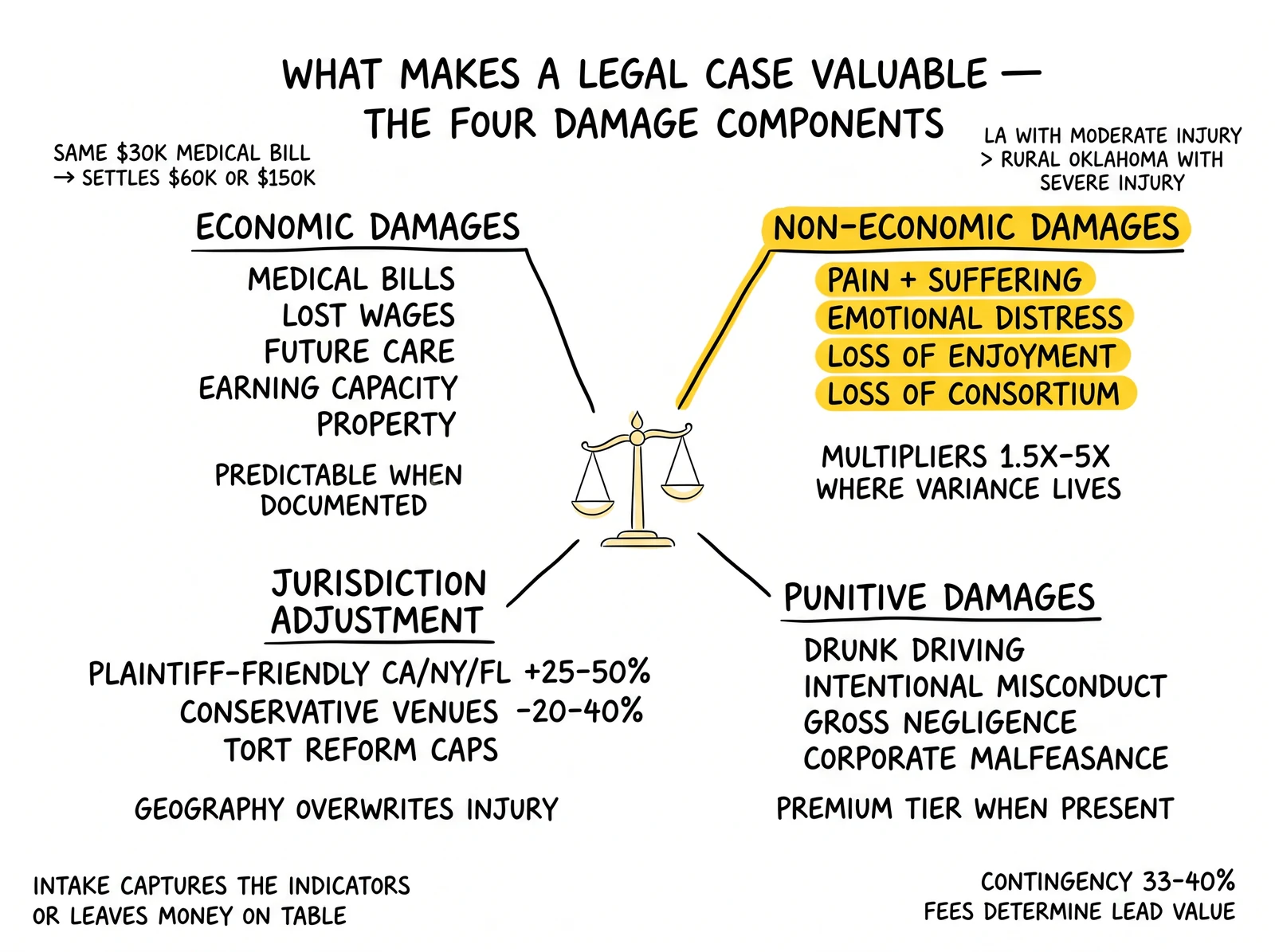 Four-component anatomy of legal case value: economic damages, non-economic damages, punitive damages, and jurisdiction adjustment around a central scales-of-justice element