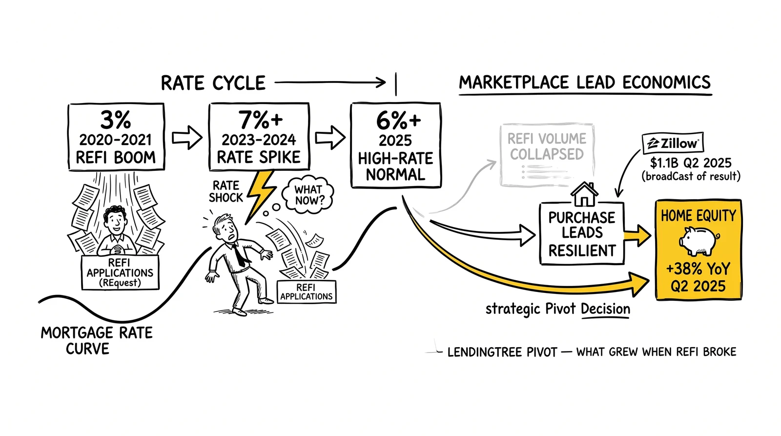 Rate-cycle diagram tracing how the 3%-to-7%+ swing collapsed refinance volume while home equity grew 38% year-over-year as marketplaces pivoted product mix.