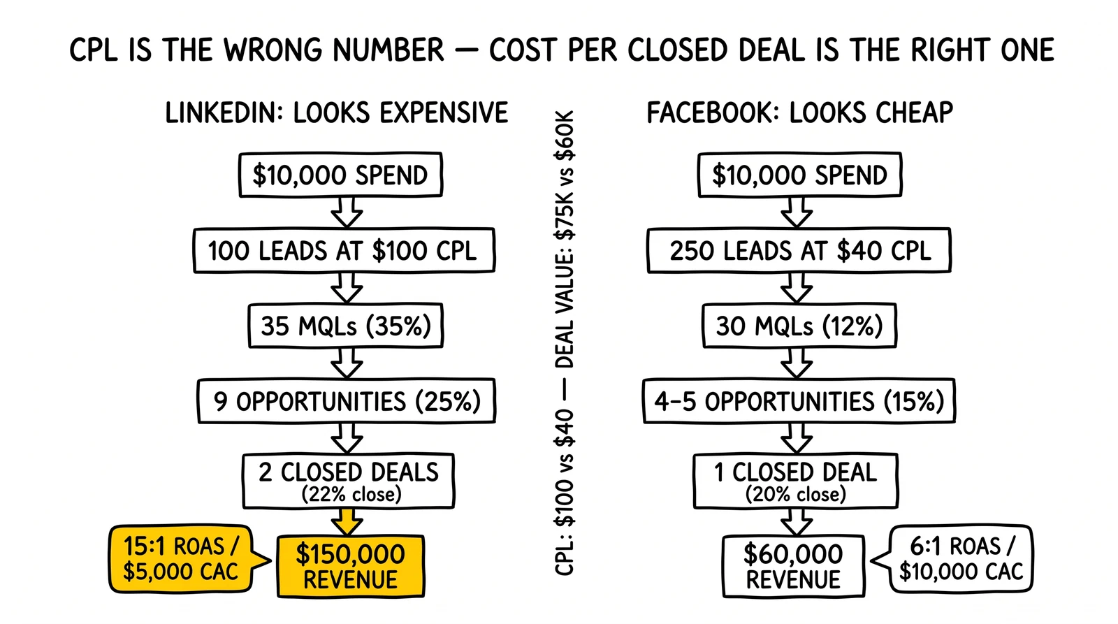 Two-funnel comparison: LinkedIn $100 CPL yields 15:1 ROAS; Facebook $40 CPL yields 6:1 ROAS. LinkedIn revenue badge highlighted as true metric.