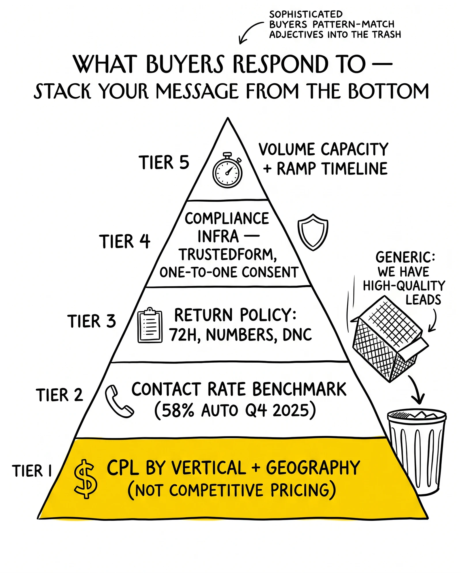 Five-tier buyer credibility pyramid from CPL specifics at base through volume capacity at apex. Discarded generic-quality-claim box at side.