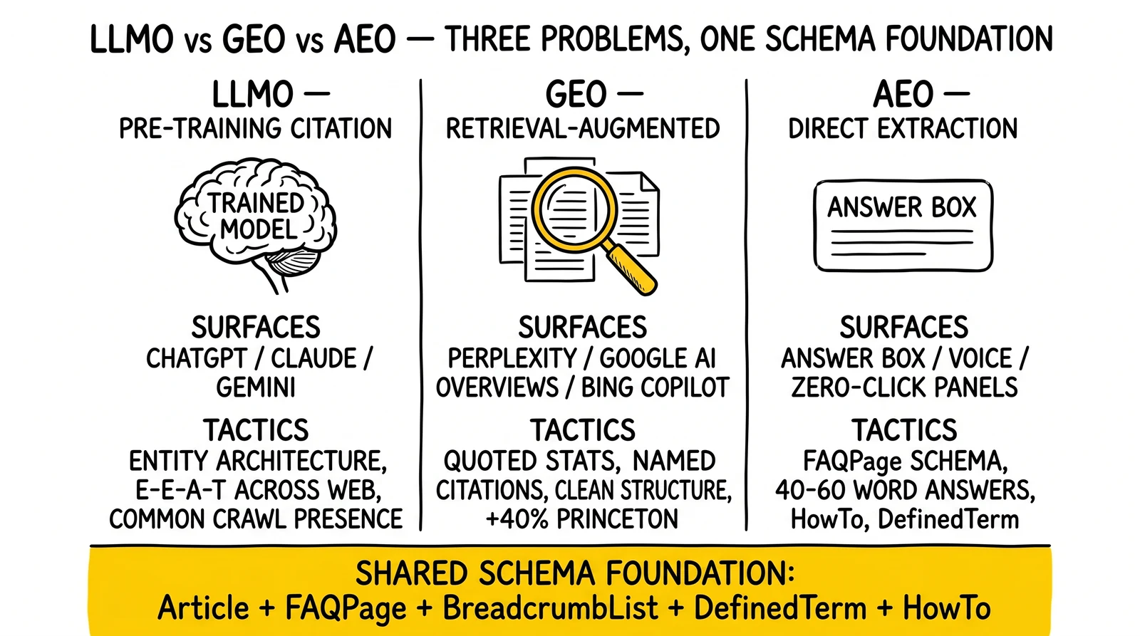 Three-column comparison of LLMO, GEO, AEO with their target surfaces and tactics, anchored by a shared five-schema foundation band. Foundation band highlighted as the compounding layer.