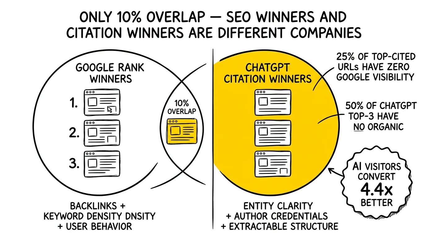 Venn comparison of Google rank winners vs ChatGPT citation winners with 10% overlap. Citation-winners circle highlighted as the new leaderboard.