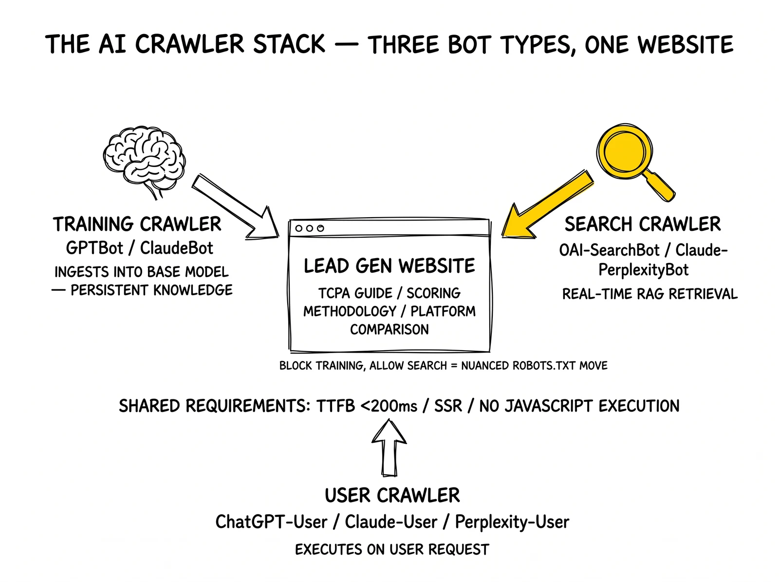 AI crawler anatomy diagram: training, search, and user crawlers approaching a lead gen site over a TTFB-and-SSR foundation. Search crawler highlighted.