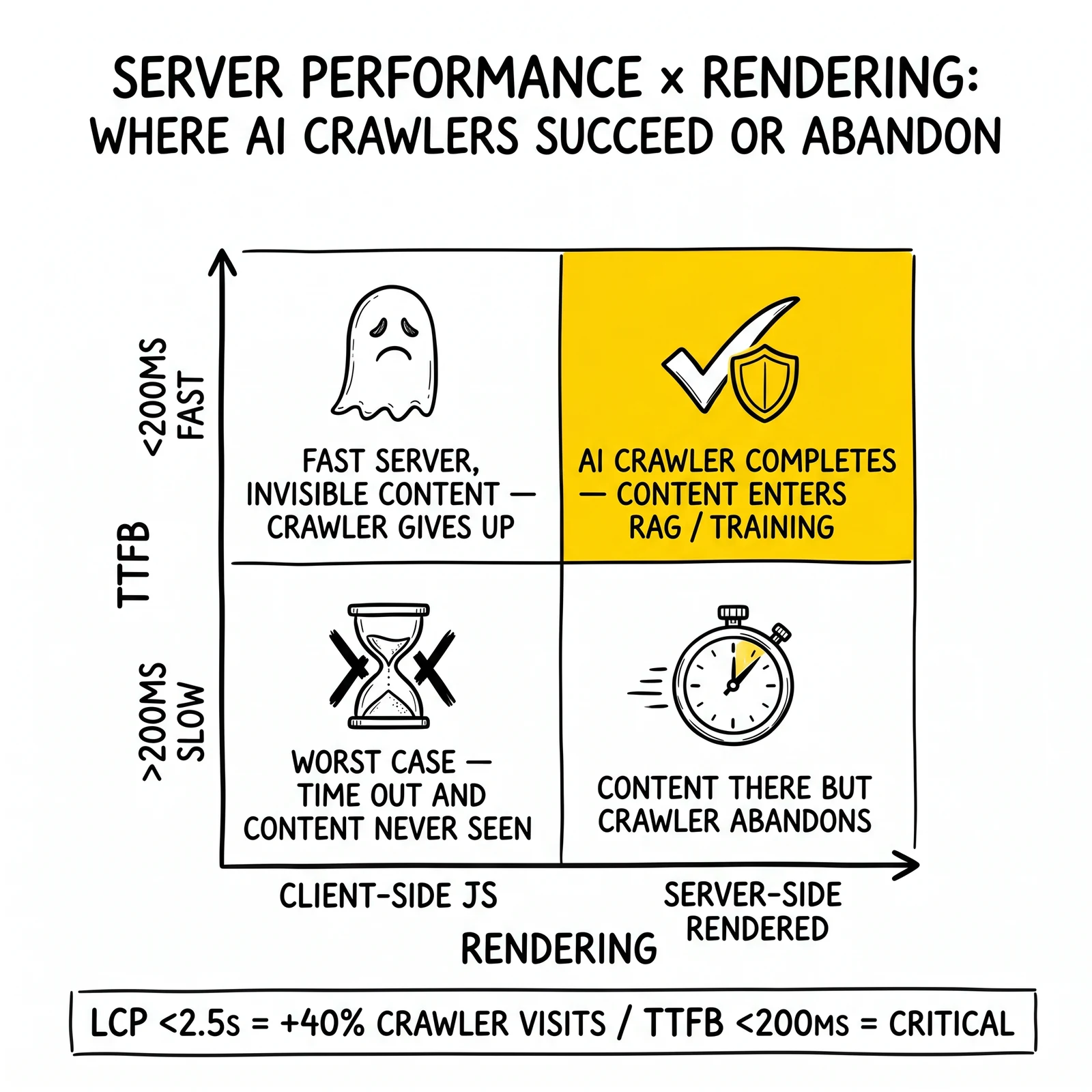Two-by-two matrix of TTFB versus rendering approach. Top-right fast-SSR quadrant highlighted as the only zone where AI crawlers complete.