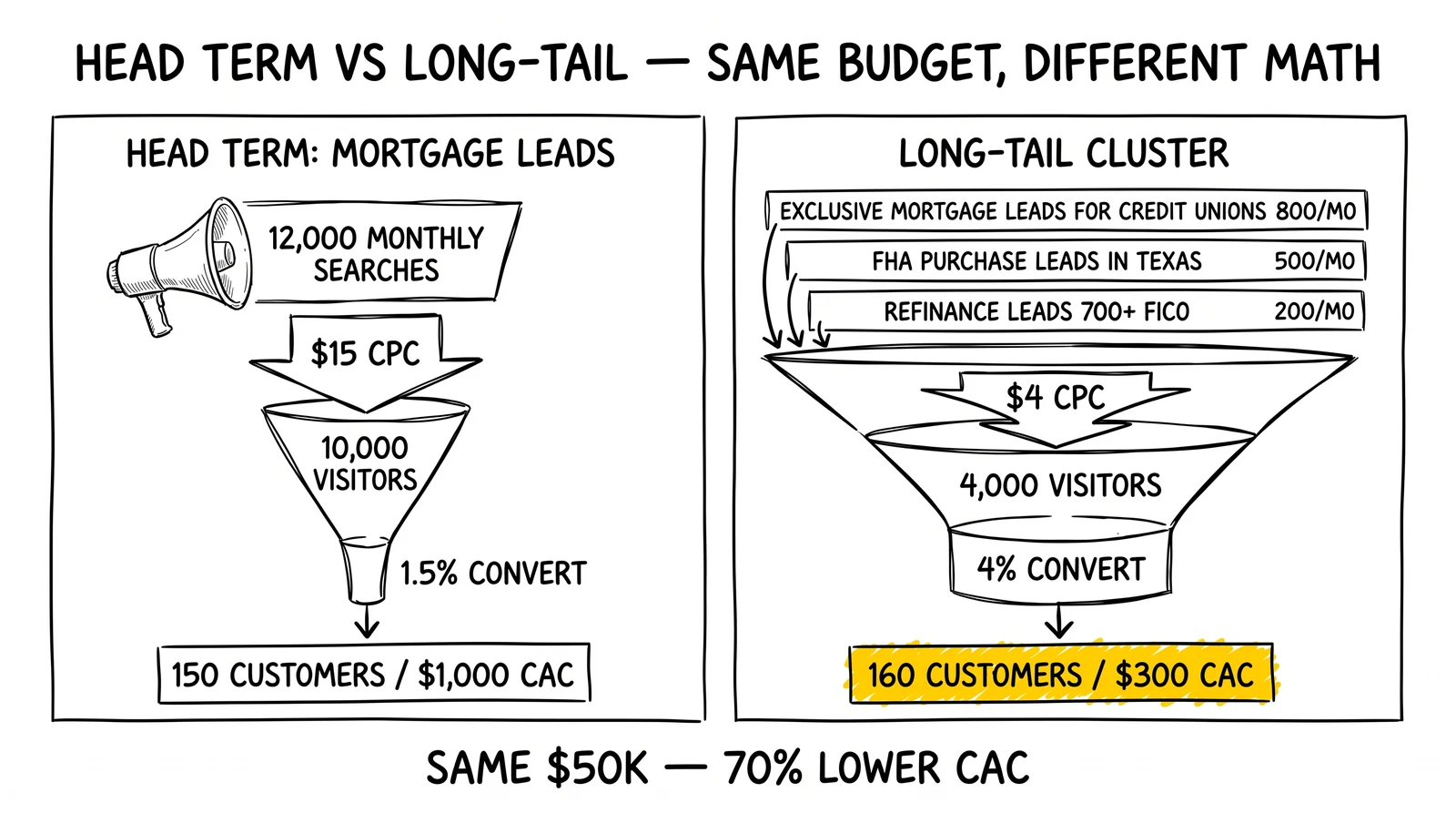 Side-by-side comparison of head-term versus long-tail mortgage keyword math. Long-tail $300 CAC highlighted against $1,000 head-term CAC.