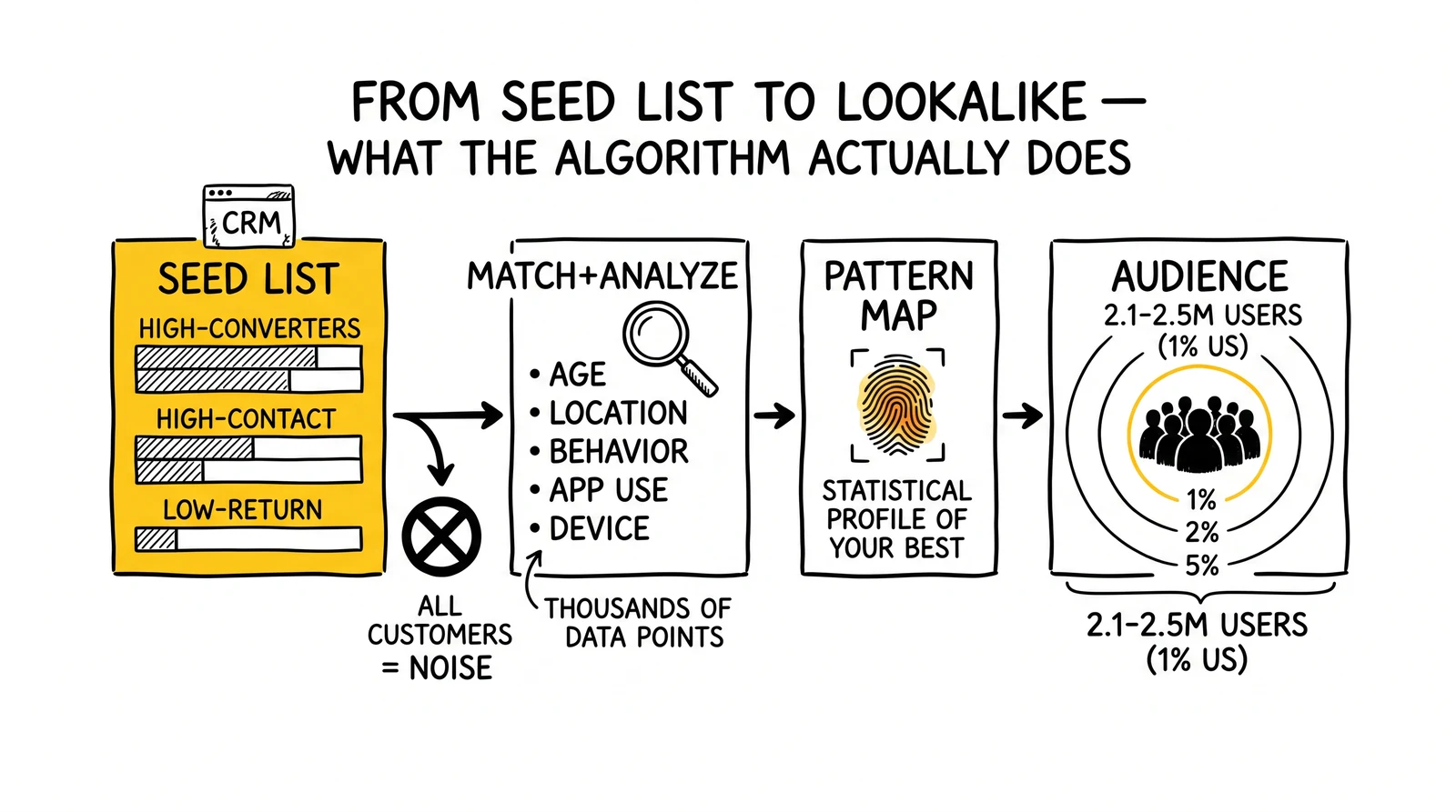 Four-stage lookalike pipeline: segmented seed list, pattern analysis, statistical profile, modeled audience. Seed list highlighted as the determinant of output quality.