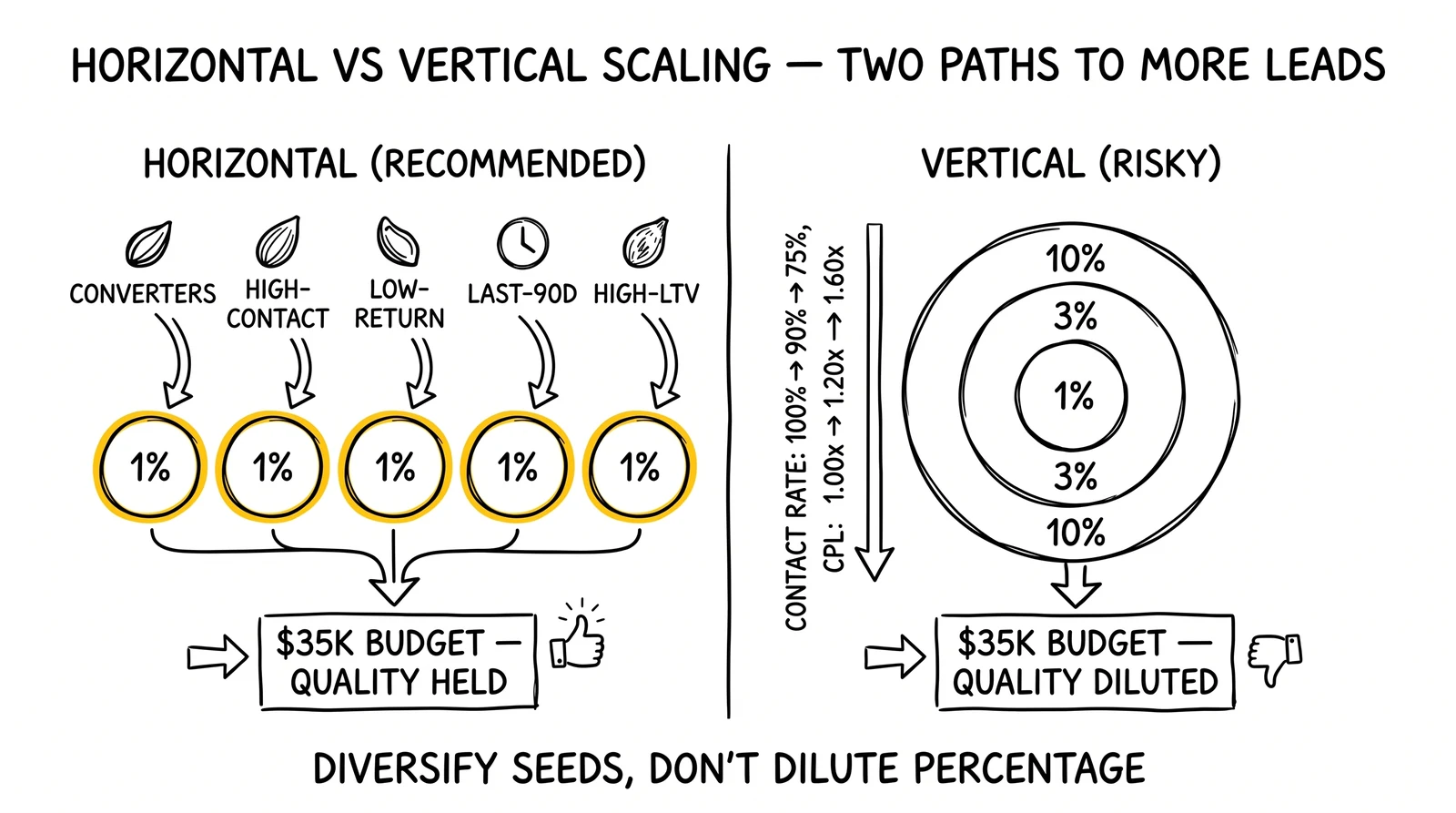 Two scaling paths for lookalikes: horizontal multi-seed stack versus vertical percentage expansion. Horizontal stack highlighted as the quality-preserving route.