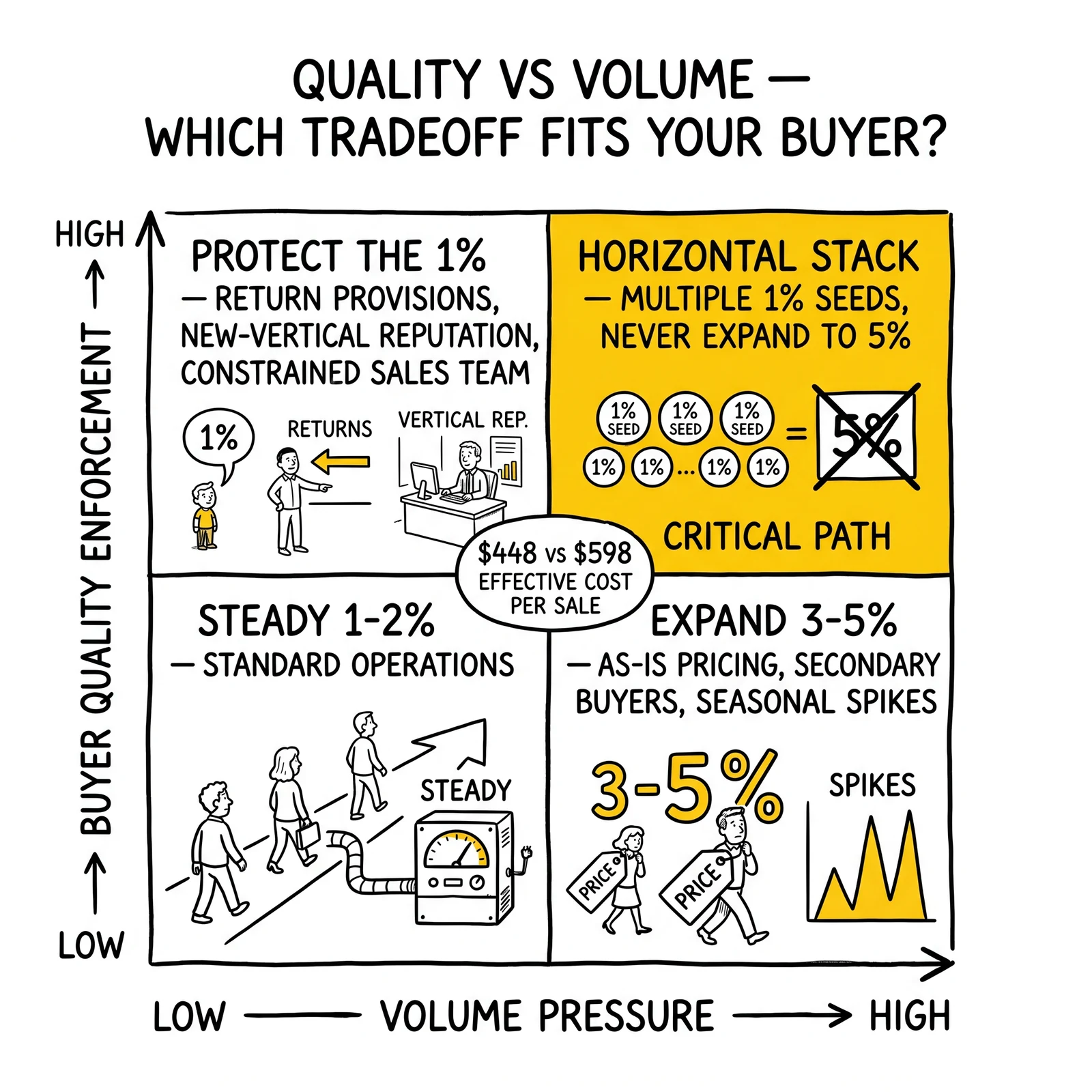 Two-by-two matrix mapping volume pressure against buyer quality enforcement. Top-right quadrant highlighted as the horizontal-stack discipline zone.