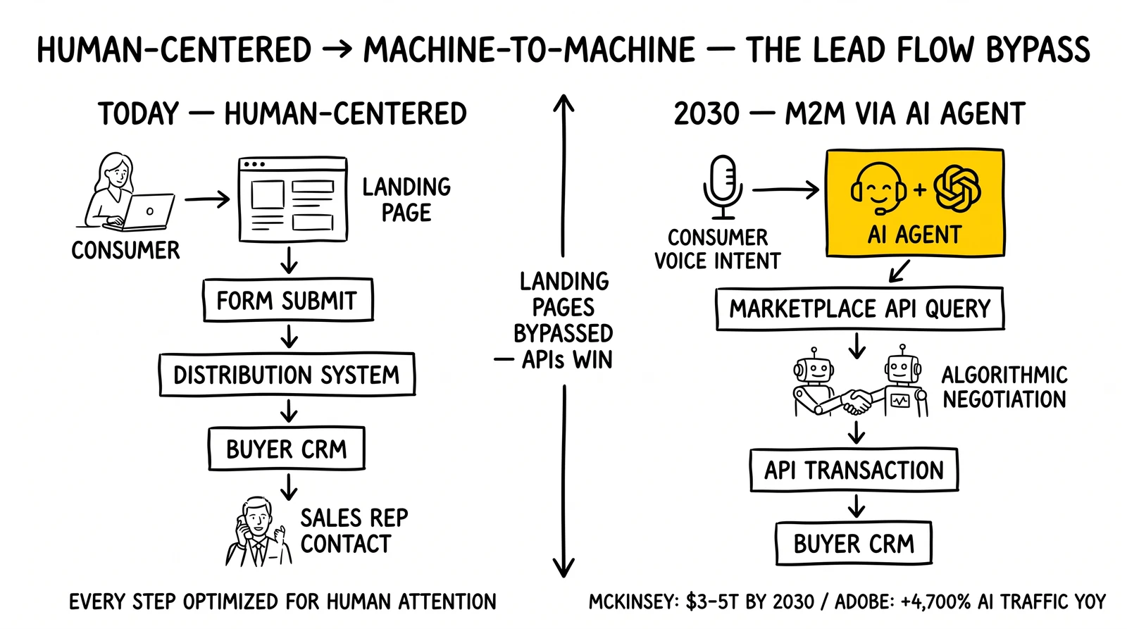 Comparison of today's human-centered lead flow versus 2030 AI-agent-mediated M2M flow. AI agent flagged as the existential bypass.