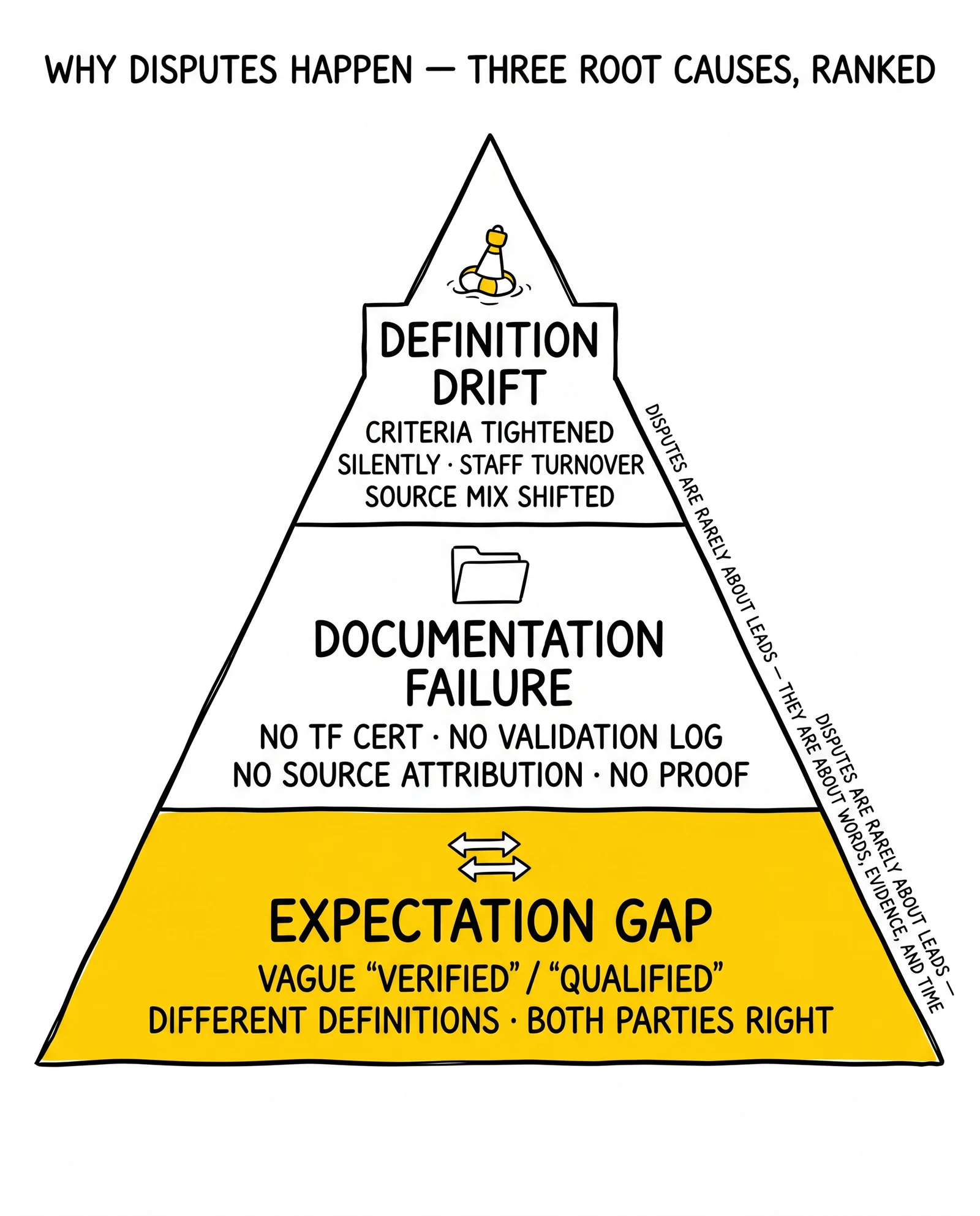 Three-tier dispute root-causes pyramid: expectation gap, documentation failure, definition drift. Expectation gap flagged as the dominant cause.