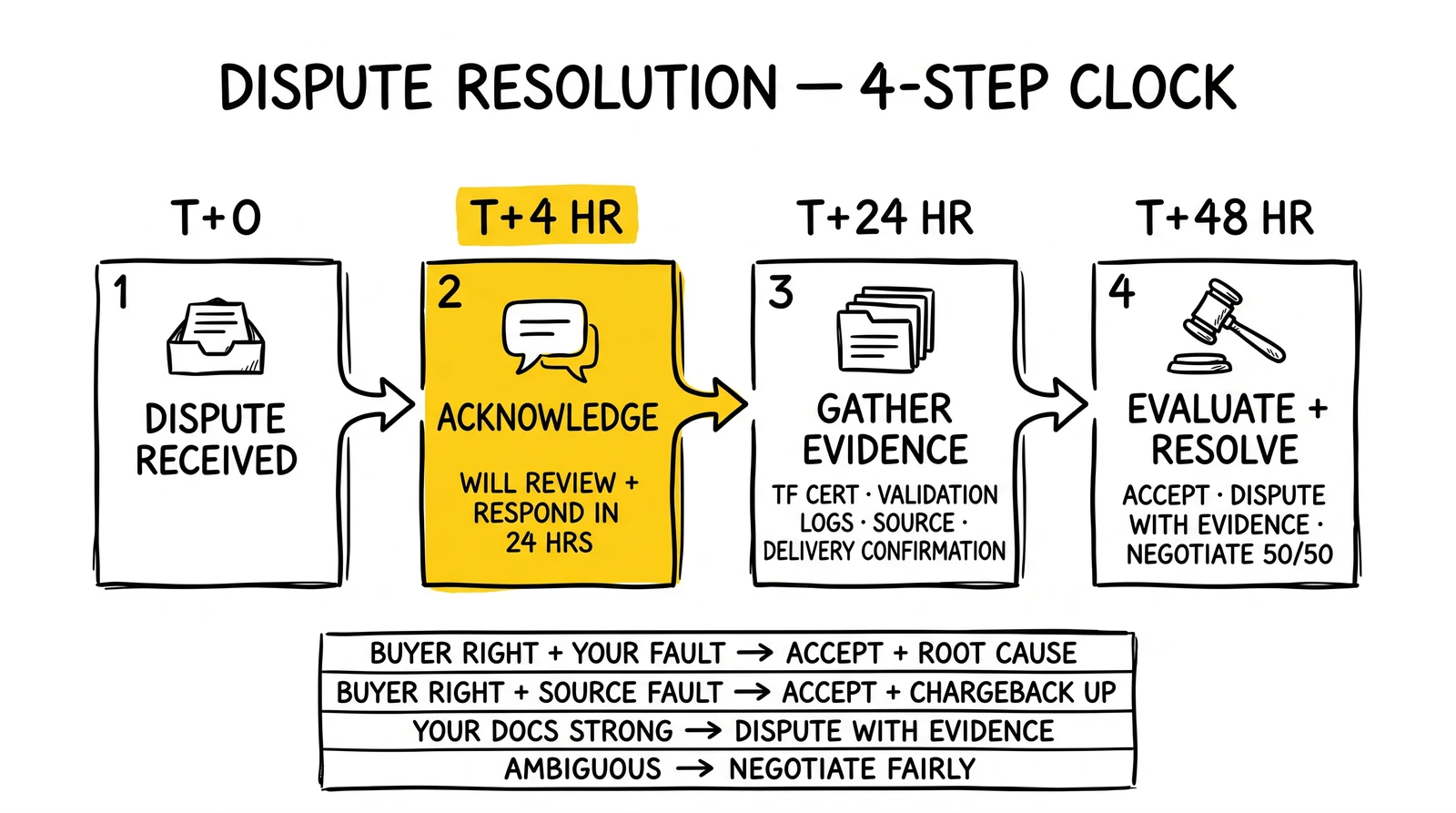 Four-step dispute resolution clock from receipt to resolution at T+48hr, plus a four-row evidence-matrix legend. Acknowledge step flagged.