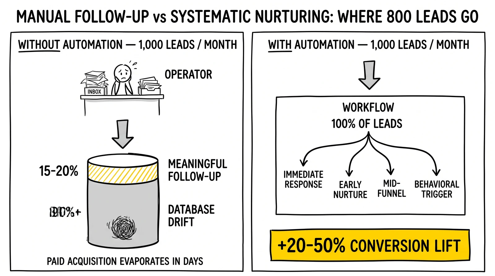 Two-panel comparison: manual follow-up reaches only 15-20% of leads while automation covers 100%, producing 20-50% conversion lift.