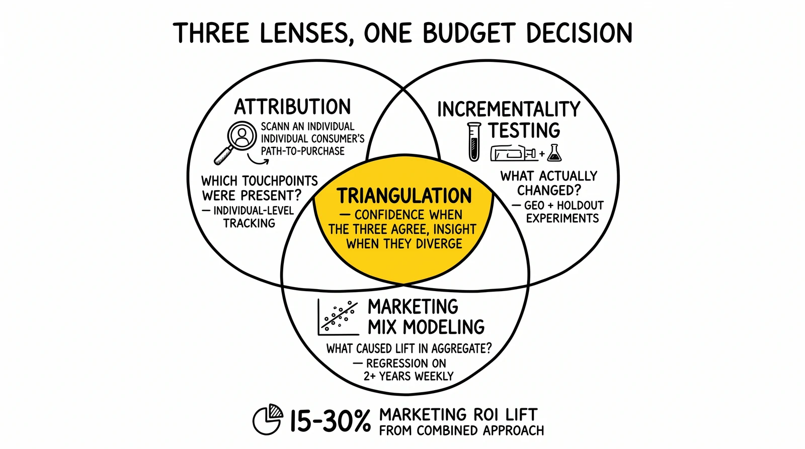 Three-circle Venn of attribution, incrementality, and marketing mix modeling. Triple-overlap triangulation center highlighted as the only confident frame.