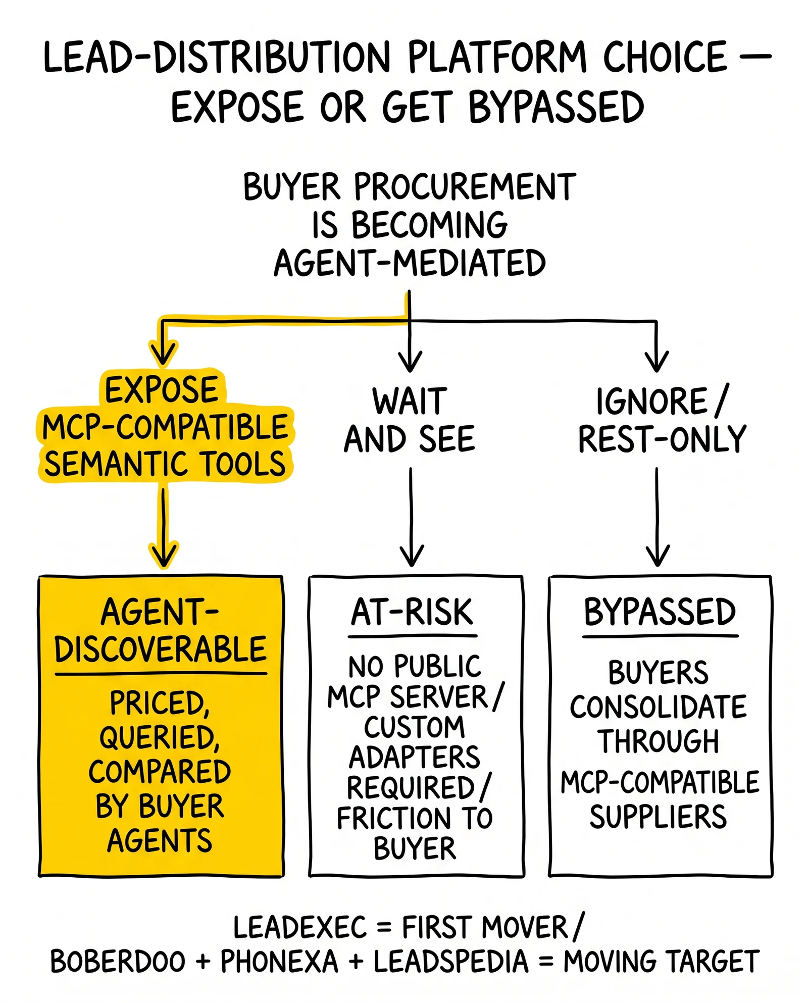 Decision tree on whether lead-distribution platforms expose MCP-compatible semantic tools. Expose branch flagged as the survival path.