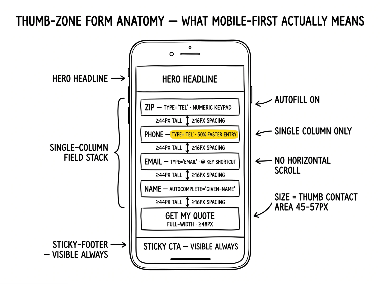 Phone-screen mobile form anatomy: single-column 44px+ fields, full-width submit, sticky CTA, with the type='tel' phone field flagged as the highest-impact change.