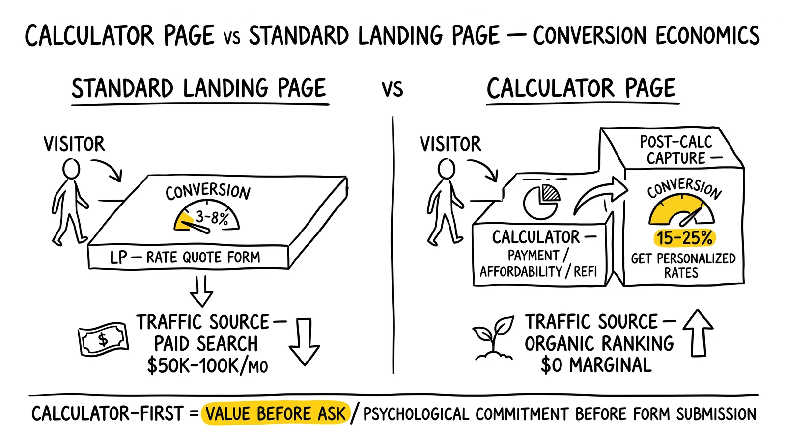 Side-by-side comparison of standard landing page at 3-8% conversion versus calculator page at 15-25% conversion, with value-before-ask principle highlighted
