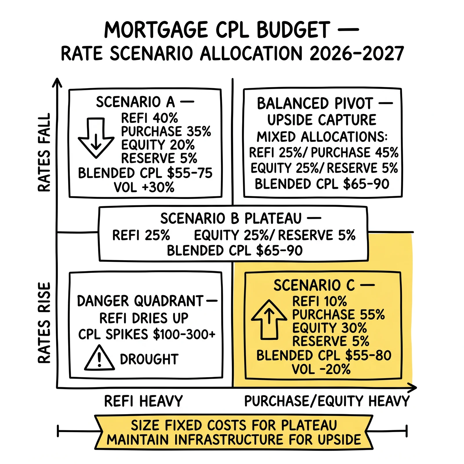 Two-by-two mortgage CPL budget scenario matrix across rate direction and product mix, with the purchase-equity-heavy rising-rates quadrant highlighted as the defensive allocation