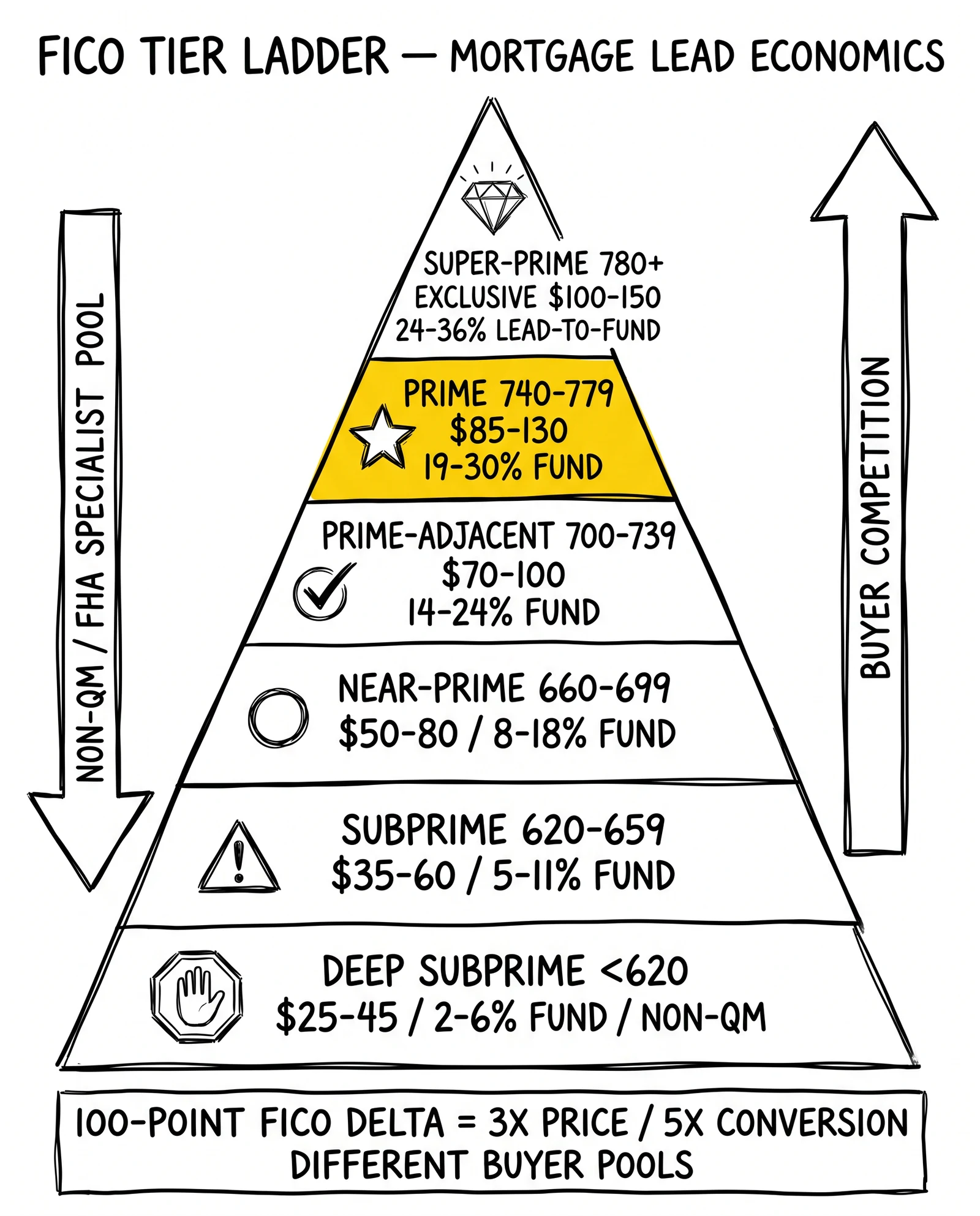Six-tier FICO ladder showing exclusive lead price and fund rate by credit band, with the prime 740-779 sweet spot highlighted as the industry's most profitable tier