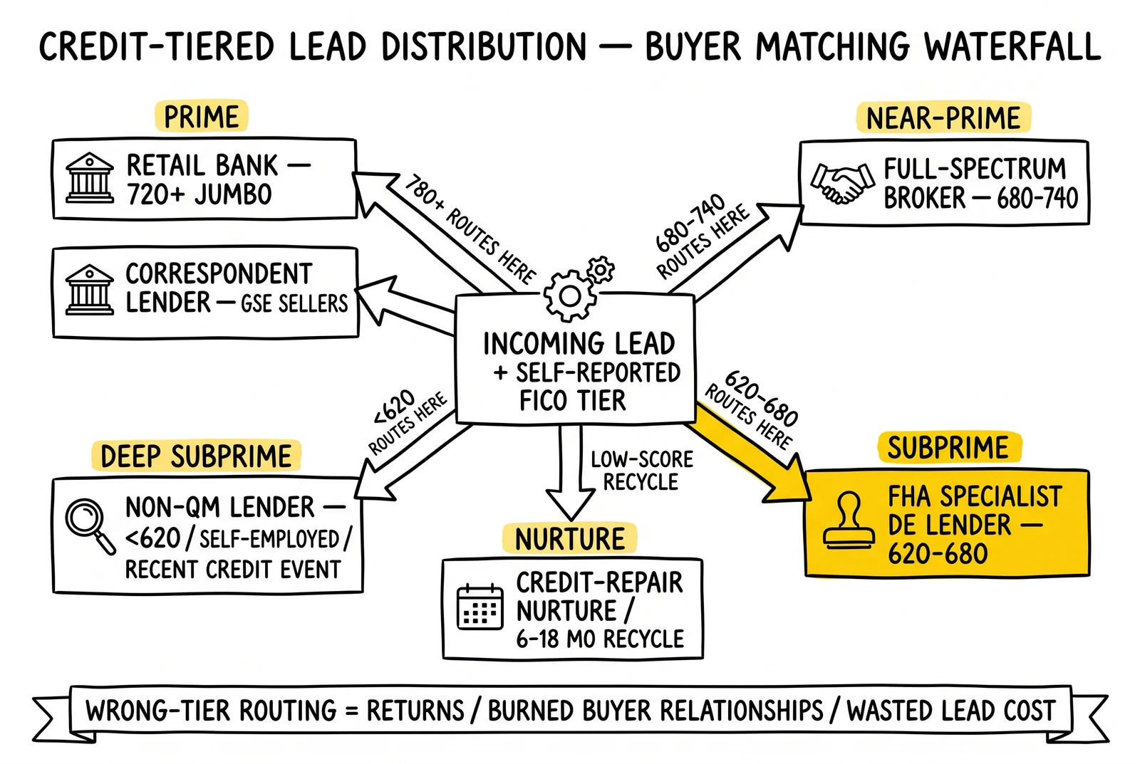 Hub-and-spoke routing diagram showing FICO tier to buyer type matching across retail bank, broker, FHA specialist, non-QM lender, and nurture paths