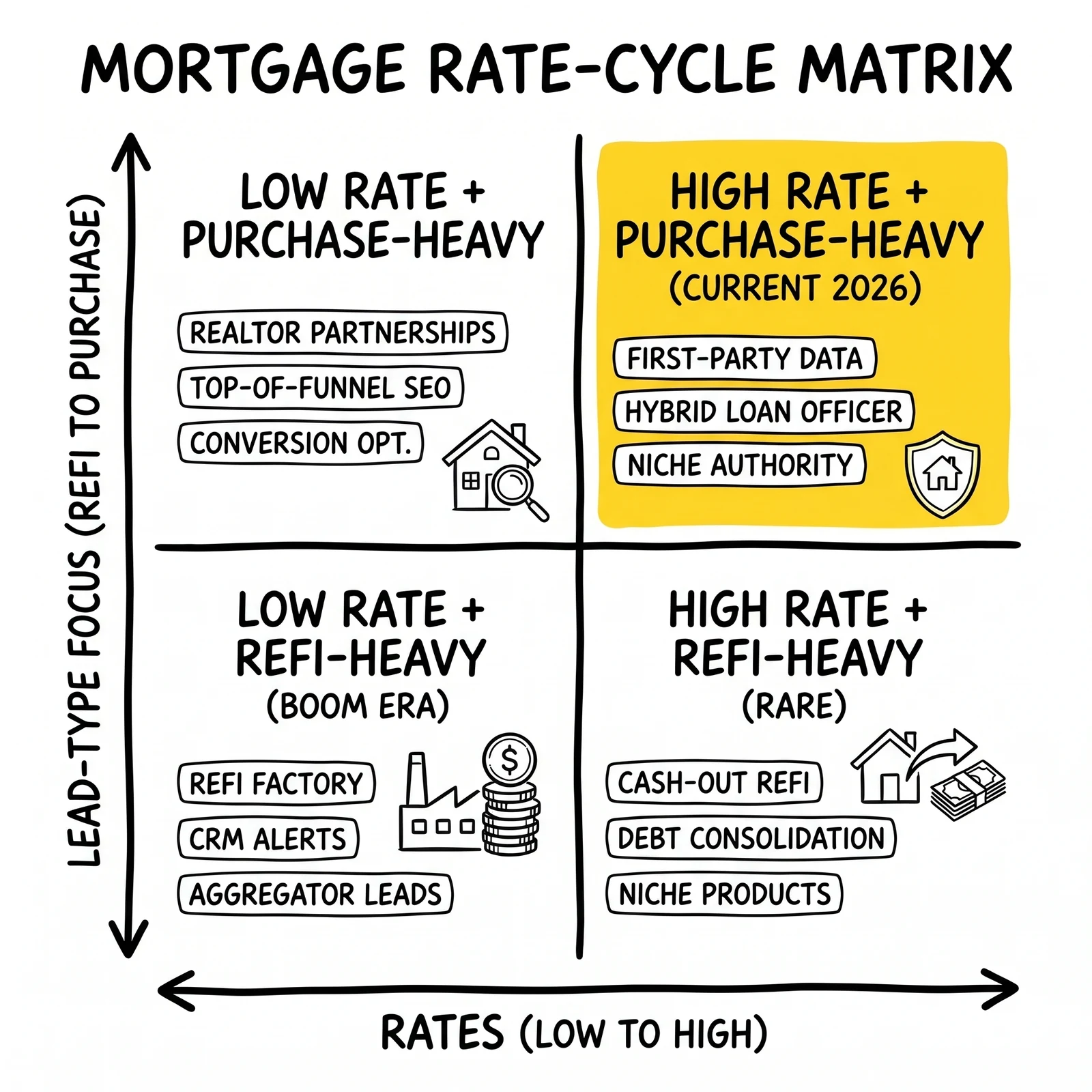 Mortgage operator playbook matrix: rate level versus lead-type focus, with the current 2026 quadrant highlighted.