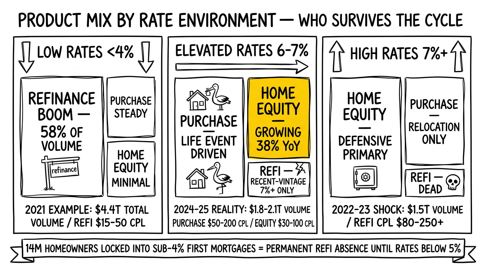 Three-panel mortgage product mix comparison across low, elevated, and high rate environments with the home equity 38% growth segment highlighted as the rising-rate outperformer