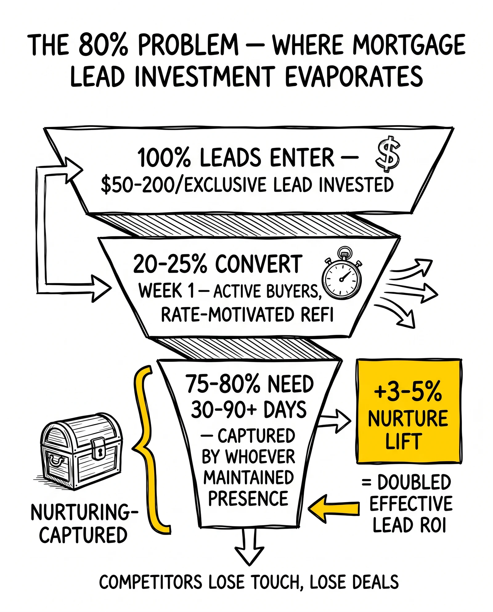 Inverted funnel: 100% leads enter, 20-25% convert week one, 75-80% need extended nurturing. Side block highlights 3-5% nurture lift doubling ROI.