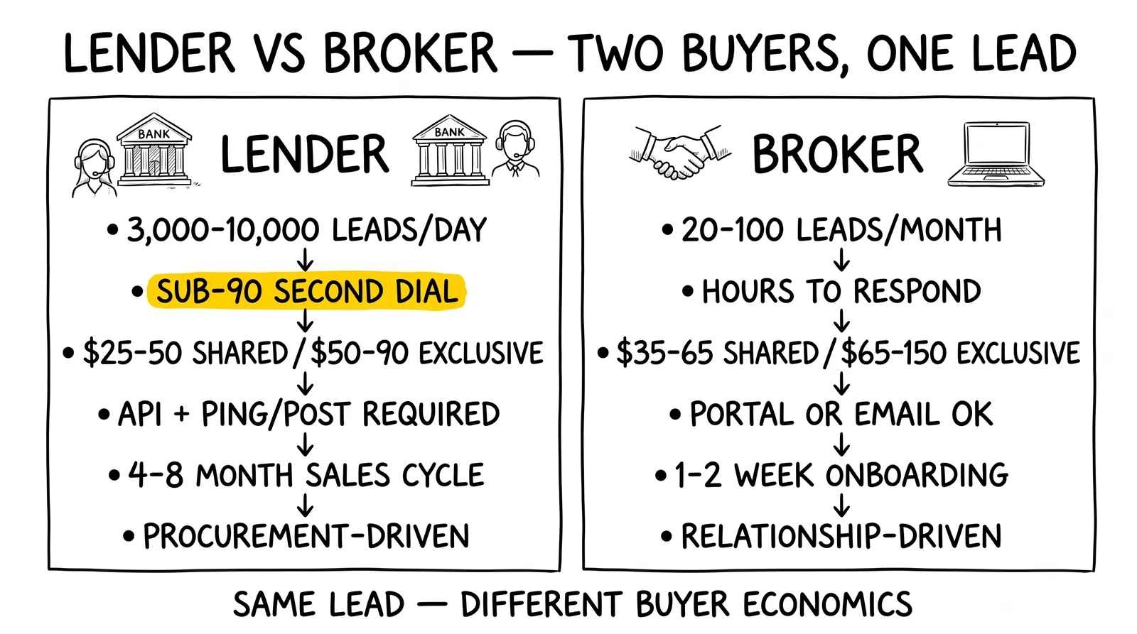 Side-by-side lender and broker buyer profiles across volume, response speed, pricing, integration, and sales cycle. Lender sub-90-second response highlighted as the structural driver.