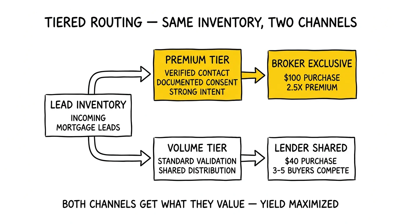 Tiered routing flow segmenting mortgage lead inventory into premium-broker-exclusive and volume-lender-shared channels. Premium-broker branch highlighted as the yield-maximizing route.