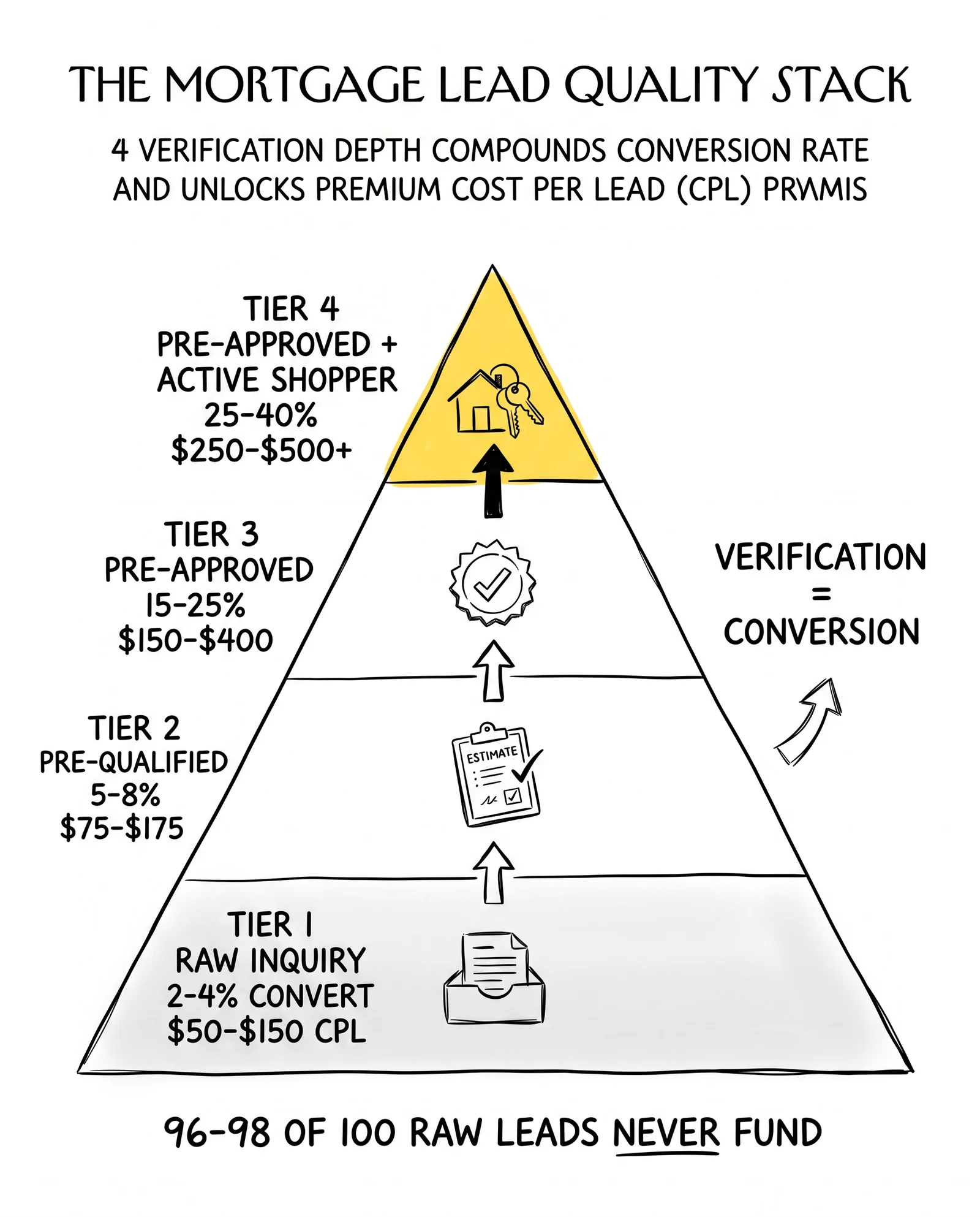 Four-tier mortgage lead quality pyramid: raw inquiry, pre-qualified, pre-approved, pre-approved active shopper – with the apex tier highlighted at 25-40% conversion.