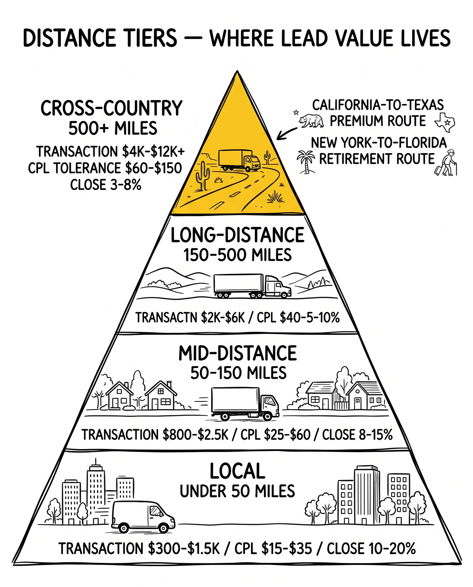 Four-tier distance pyramid from cross-country to local with CPL tolerance and close rates. Cross-country top tier highlighted as the premium margin segment.