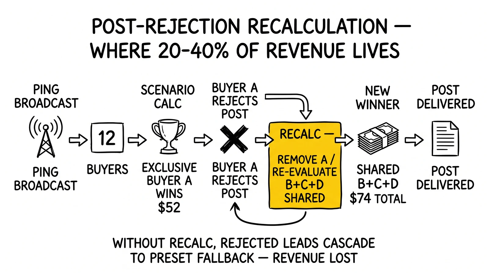 Five-step post-rejection recalculation flow recovering 20-40% of rejected lead revenue through re-evaluating remaining bidders. Recalculation node highlighted.