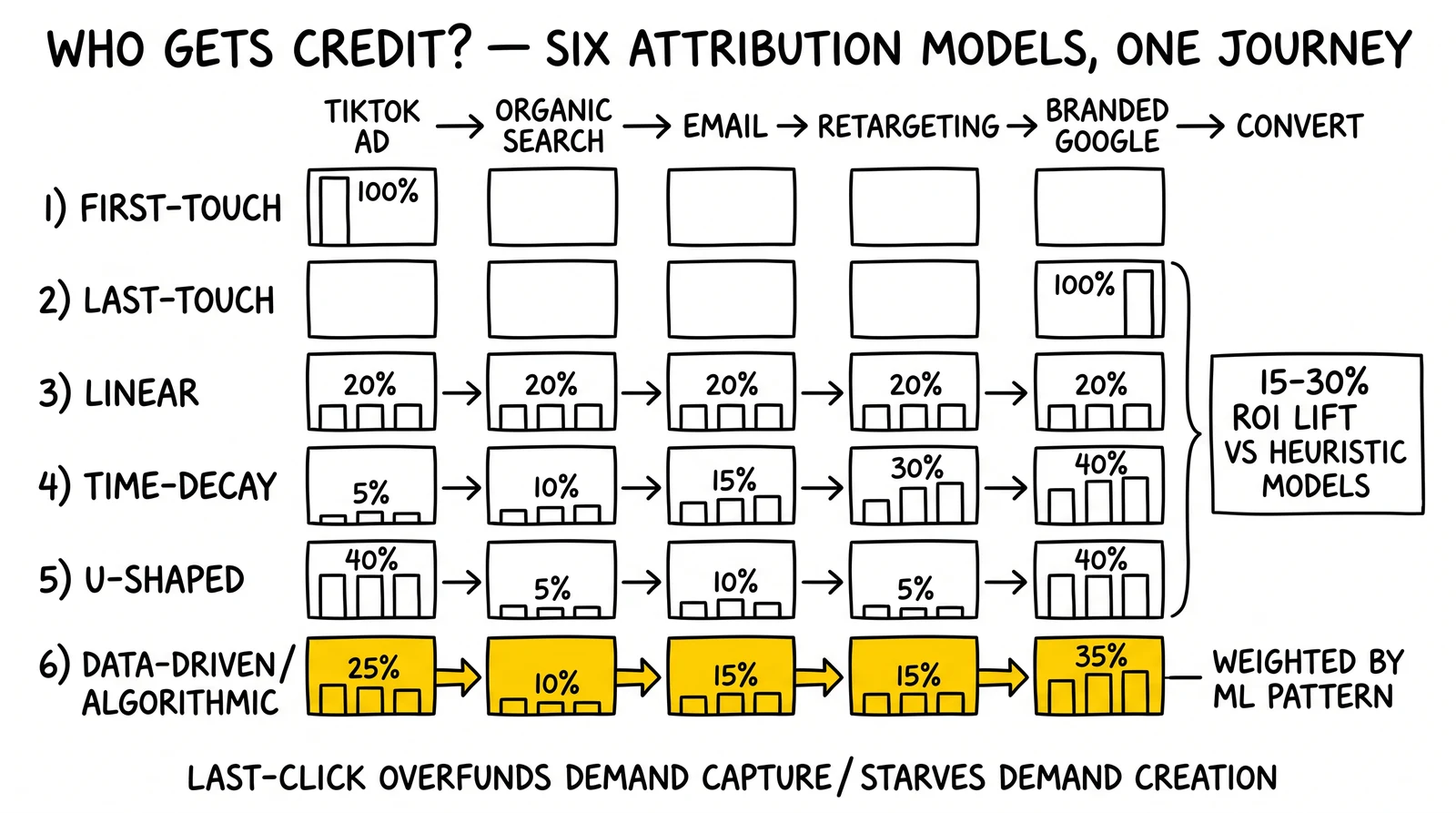 Six-model attribution comparison on a shared journey: first-touch, last-touch, linear, time-decay, U-shaped, data-driven. Data-driven row highlighted.