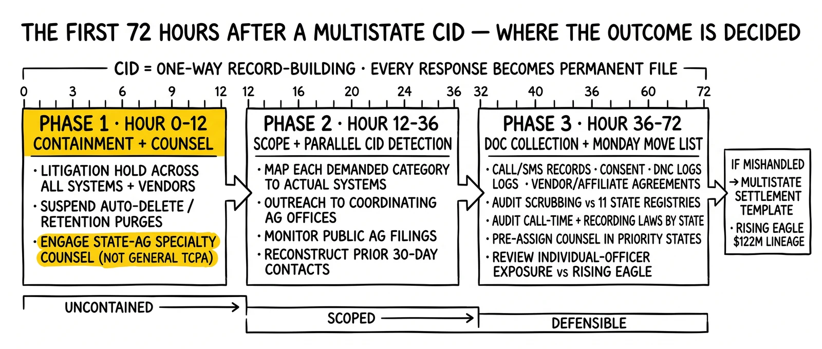 Three-phase 72-hour CID triage timeline from containment to document collection, with the Hour 0-12 specialty-counsel engagement highlighted as the load-bearing step.