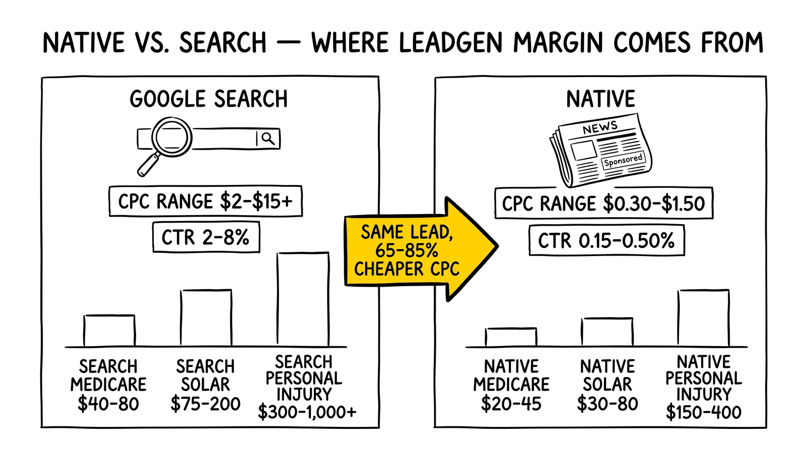 Two-panel comparison: Google Search vs Native advertising CPC and CPL by vertical, with native delivering 40-65% lower cost-per-lead.
