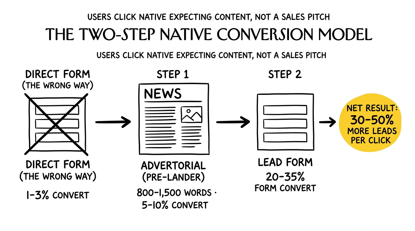 Two-step native conversion funnel: advertorial pre-lander then lead form, delivering 30-50% more leads per click than direct forms.