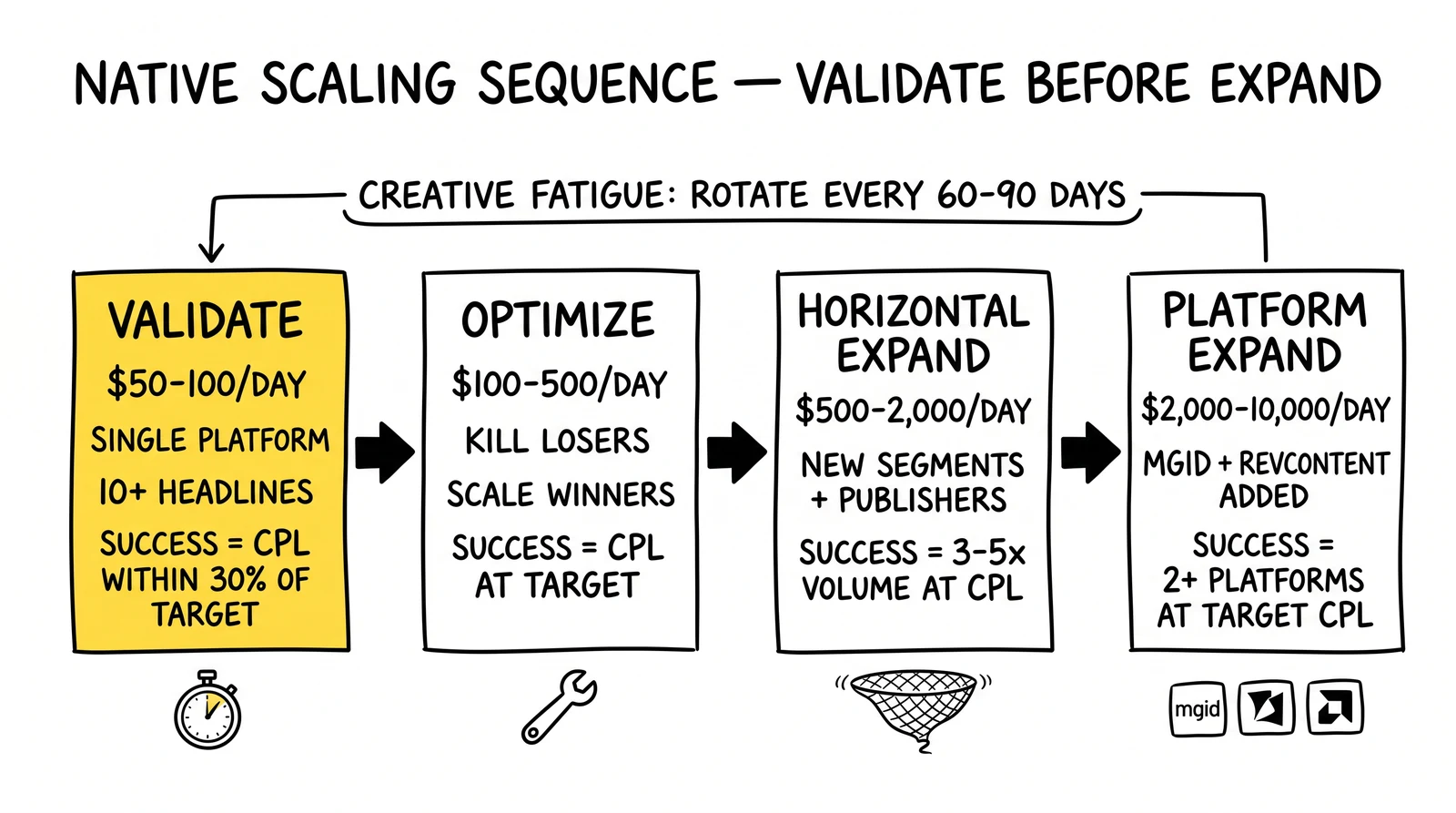 Four-phase native scaling sequence: validate, optimize, horizontal expand, platform expand. Validation phase highlighted as the budget-saving gate.